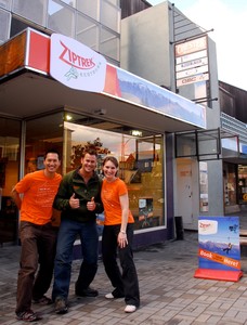 Shop front of new Camp St shop - Trent Yeo (General Manager), Tom Walter (Operations Manager), Nicky Busst (Marketing & Sales Manager)